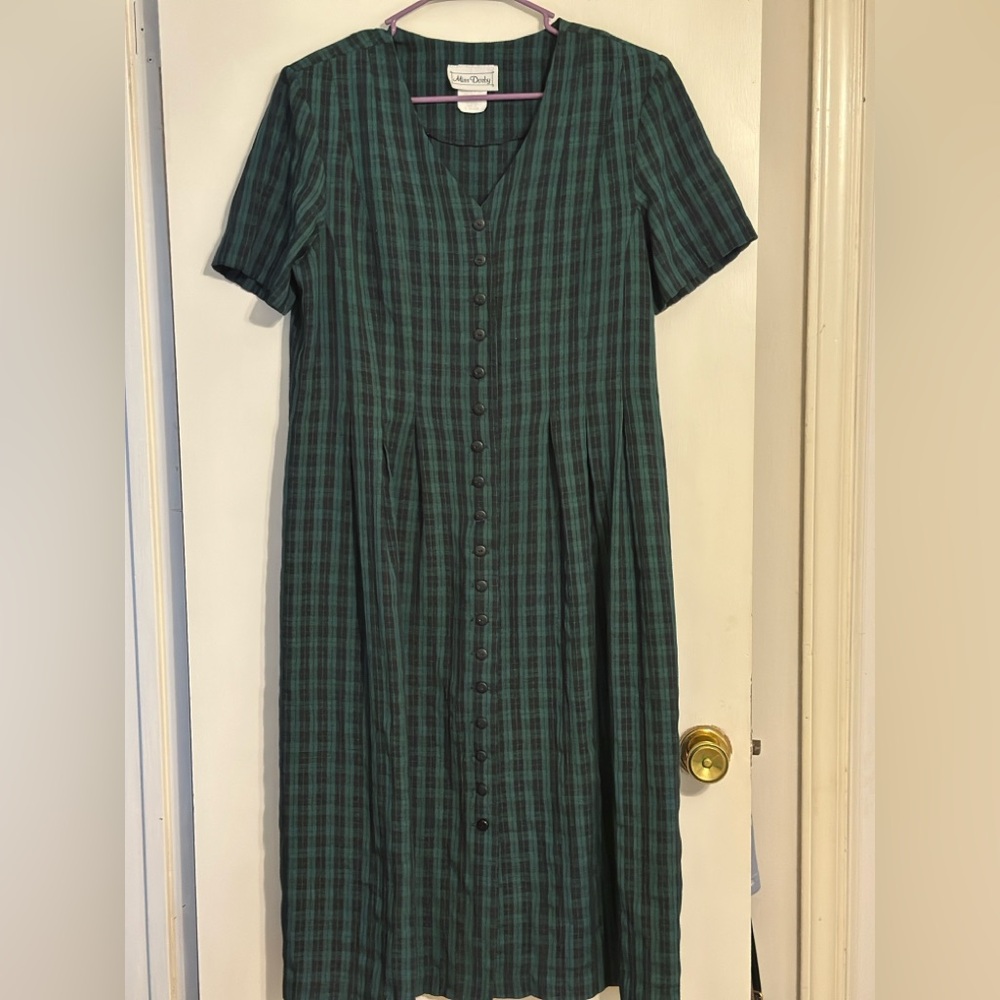 Miss Dorby Vtg 80s Green / Black Check/ stripe
midi dress full button Sz L